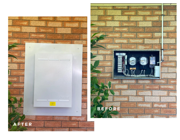 Before and after images of switchboard upgrades done in a Brisbane home.